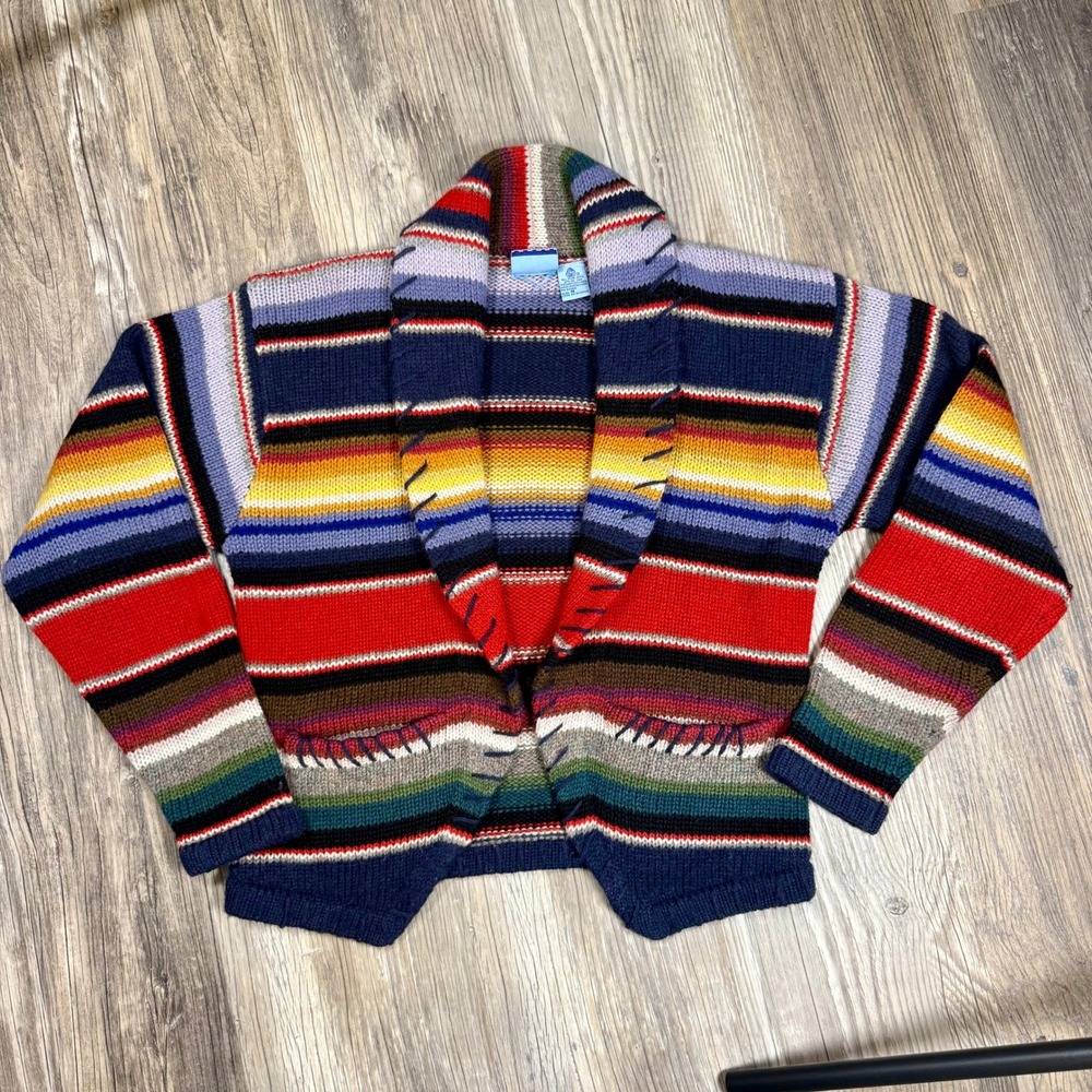 VTG Cozy Eclectic Grandpa Artisan Beyond Blue Wool Striped Cardigan Sweater M